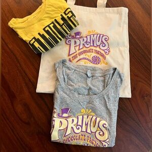 Primus memorabilia (incl. Chocolate Factory) t-shirts and tote bag
